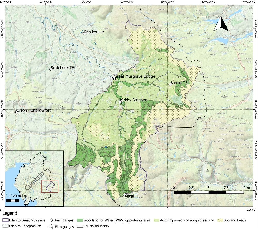 : Eden headwaters to Great Musgrave Bridge the largest of the three Cumbrian catchments modelled in the study. Appleby is a few mile downstream from the outlet gauge. Existing grass and bog and heath and scrub cover shown along with areas identified for tree-planting opportunities from the national Woodlands for Water (WfW) dataset. These cover approximately 23% of the catchment area, in contrast to the present 2.5% occupied by trees.