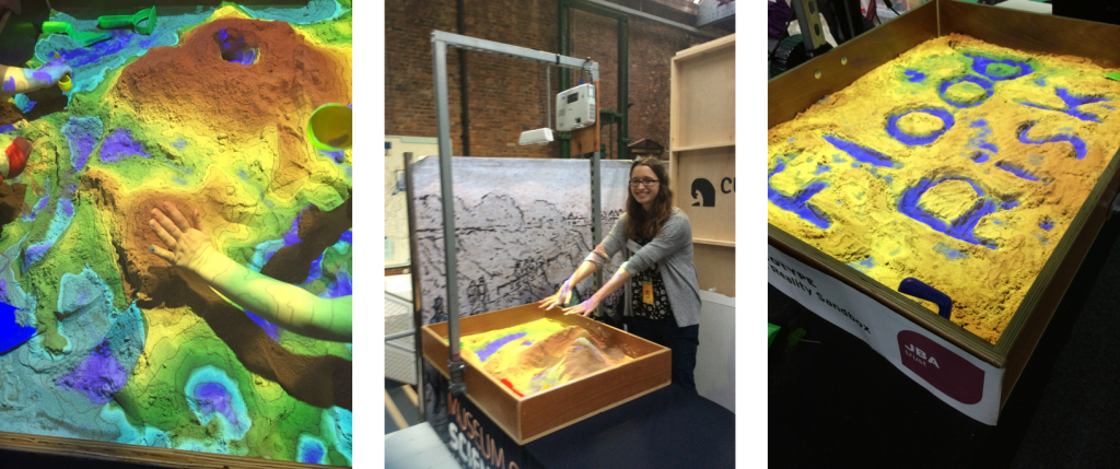 Heather Norton demonstrates how the AR Sandbox visualises topography and flooding at the Manchester Science Festival 